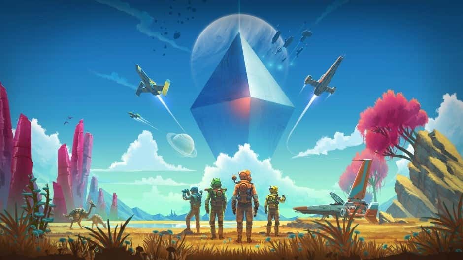 The explorers of No Man's Sky appear on a strange planet in marketing art. 